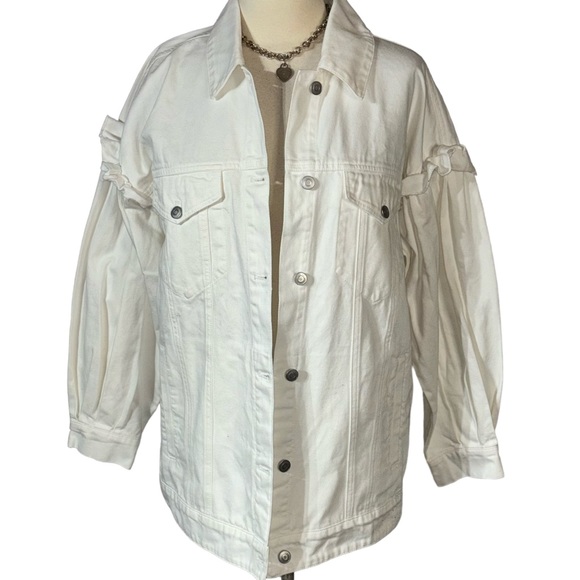 Anthropologie Avec Les Filles White Ruffled Puff Sleeve Oversized Denim Jacket - Picture 3 of 9
